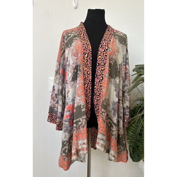ARATTA Silent Journey Mixed Patterns KIMONO Abstract Boho Animal Print Top S/M - Picture 2 of 6